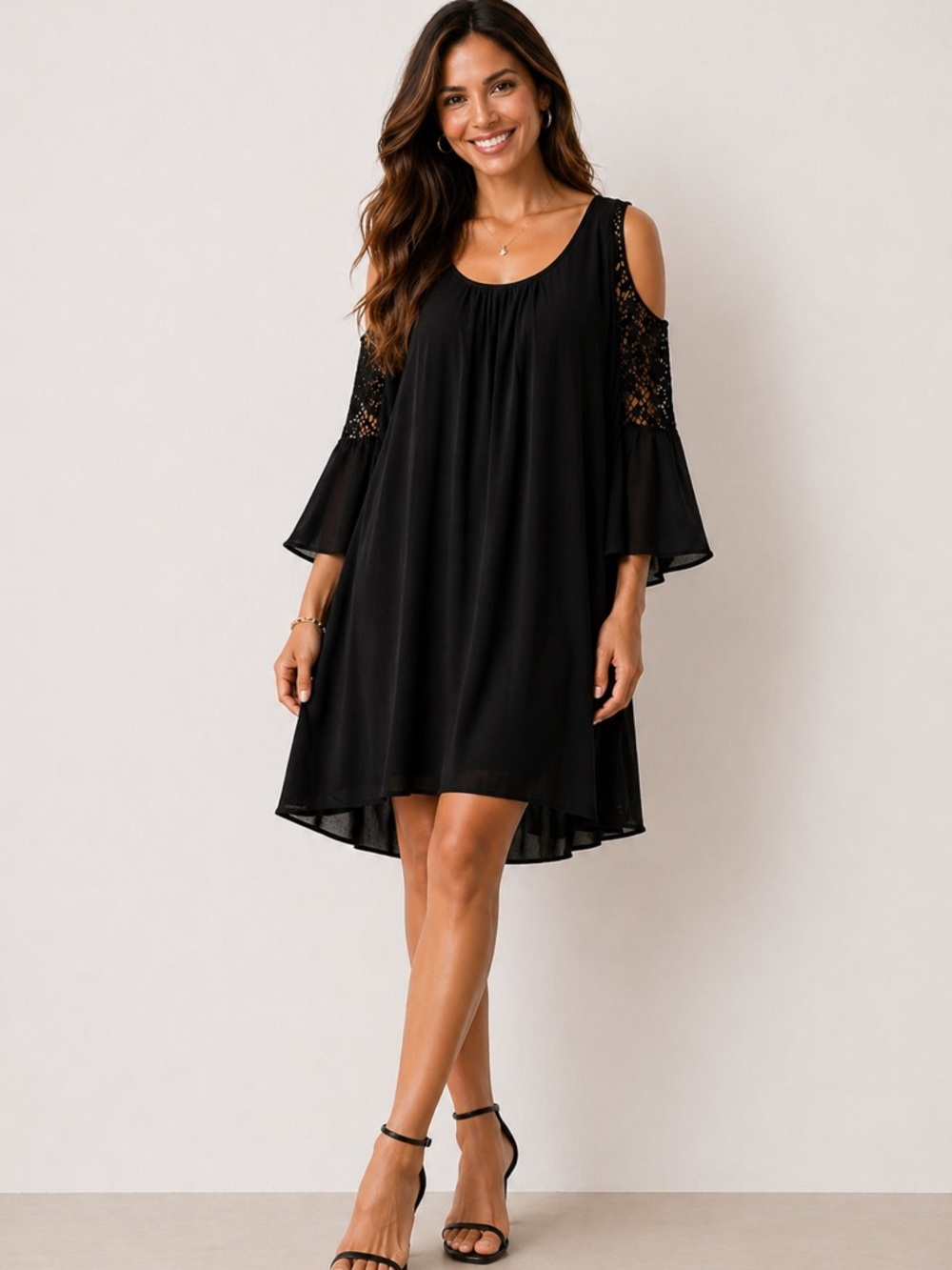 Nina Leonard Black Cold-Shoulder Mini Dress, Size XL